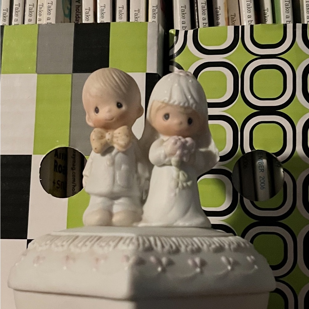 Vintage Precious Moments Heart Shaped Wedding Cake Topper and trinket box